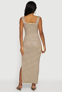 Striped Rib Knit Square Neck Side Slit Maxi Dress