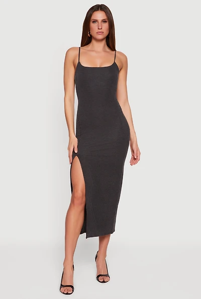 Ribbed Knit Front Slit Scoop Neck Dress