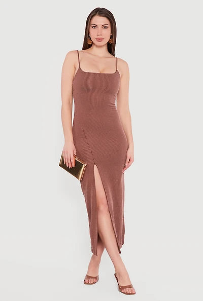 Ribbed Knit Front Slit Scoop Neck Dress