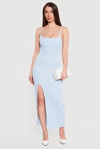 Ribbed Knit Front Slit Scoop Neck Dress