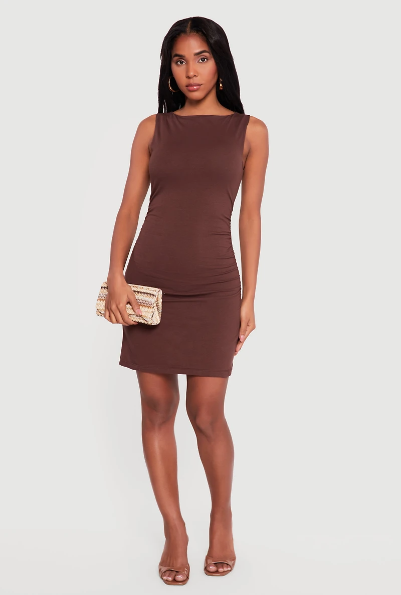 Boat Neck Side Ruched Midi Dress