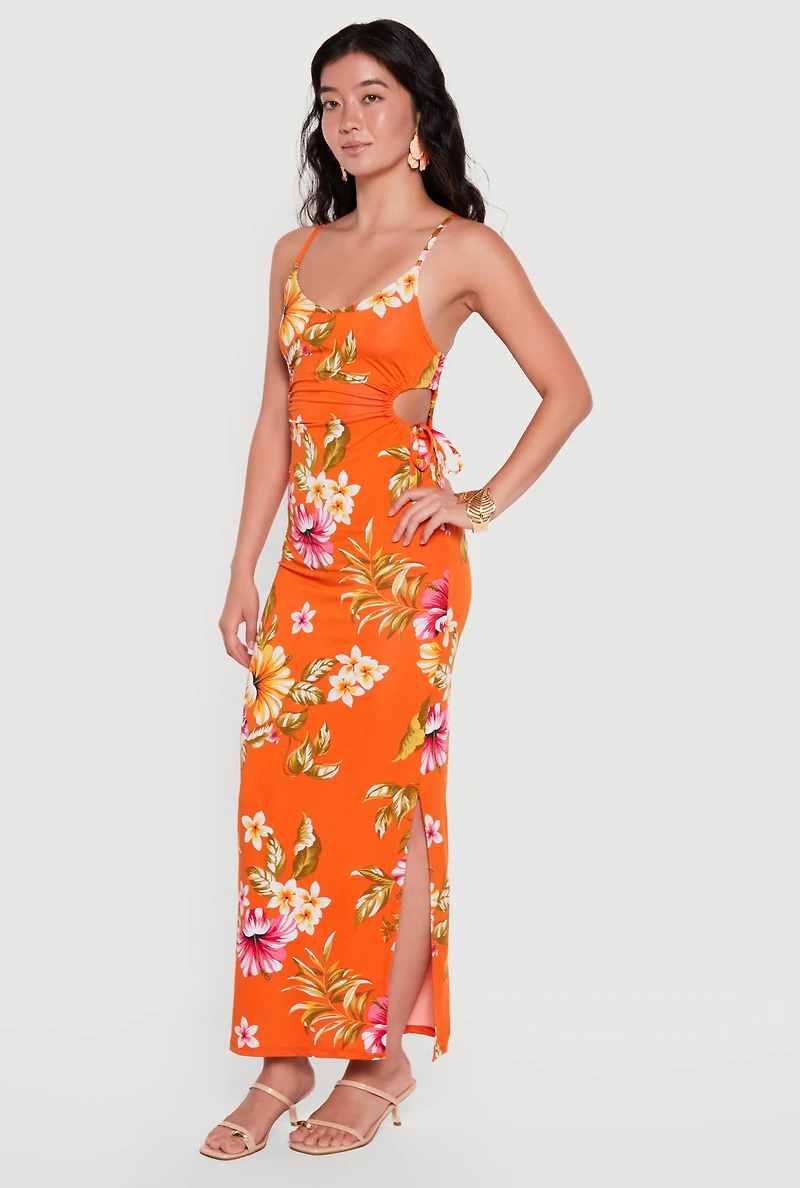 Floral Print Side Slit Drawstring Waist Maxi Dress