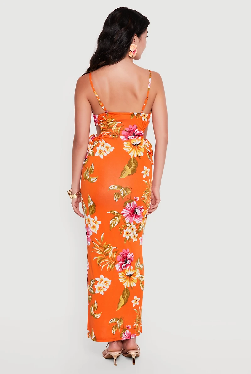 Floral Print Side Slit Drawstring Waist Maxi Dress