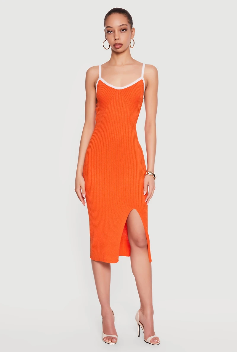 Contrast Trim Rib Knit Tie Back Keyhole Cami Midi Dress