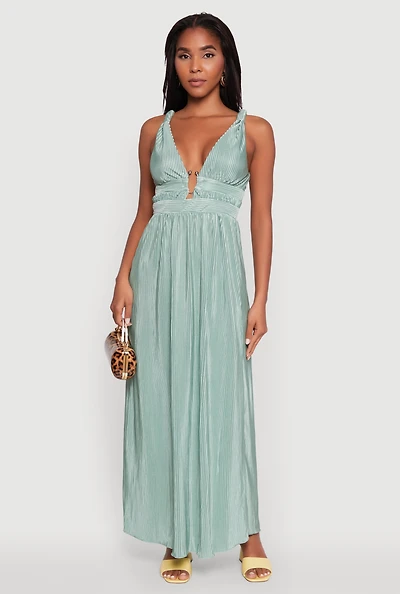 Womens Elegant Sleeveless Plisse Empire Waist Dress, Green, Size L