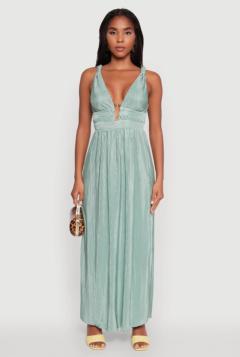 Womens Elegant Sleeveless Plisse Empire Waist Dress, Green, Size L