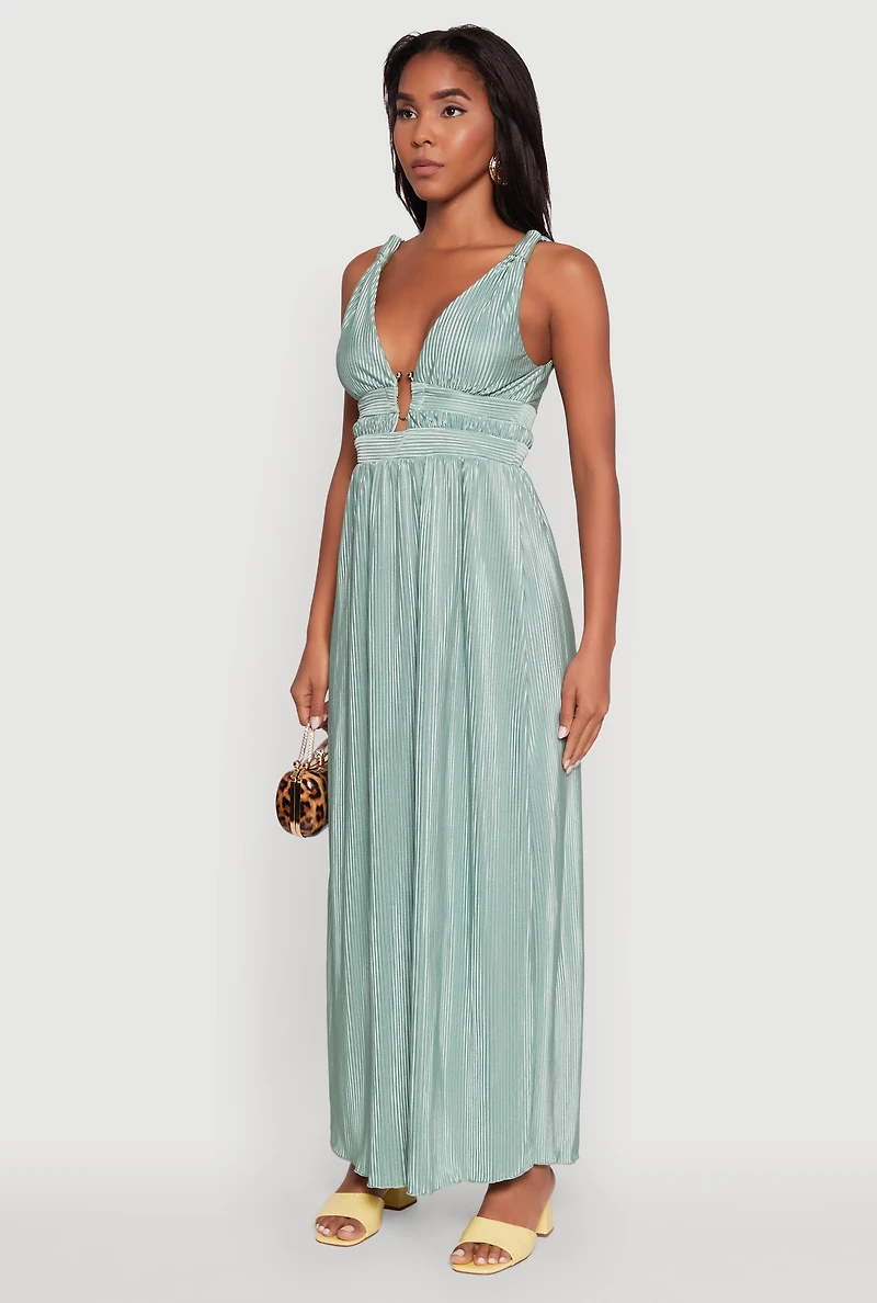 Womens Elegant Sleeveless Plisse Empire Waist Dress, Green, Size L