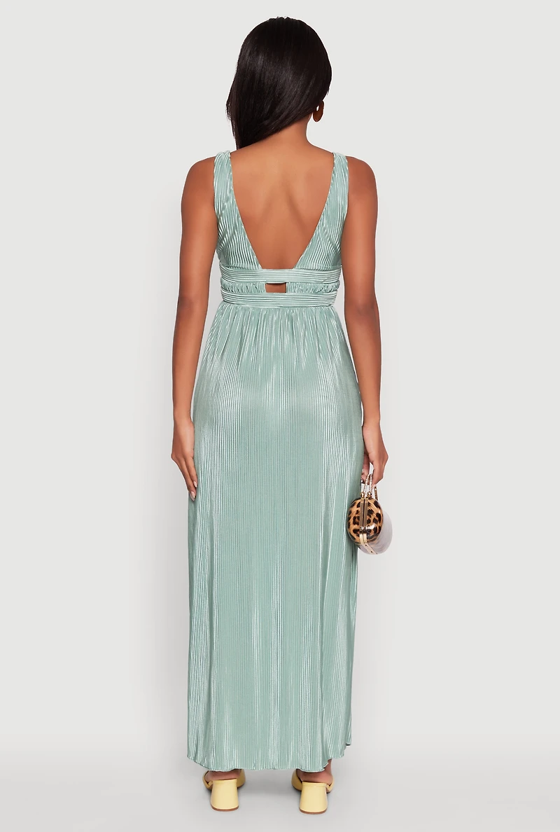 Womens Elegant Sleeveless Plisse Empire Waist Dress, Green, Size L