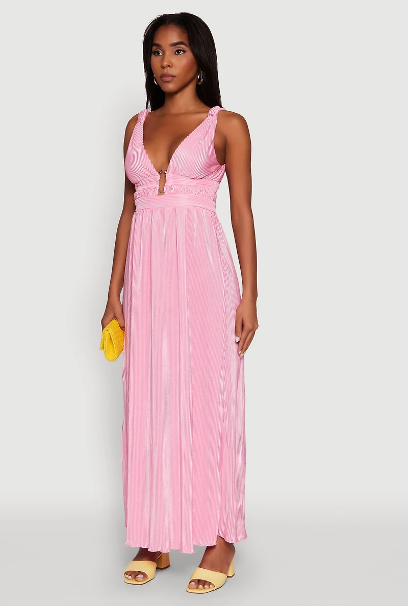 Womens Elegant Sleeveless Plisse Empire Waist Dress, Pink, Size S