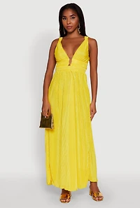 Womens Elegant Sleeveless Plisse Empire Waist Dress, Yellow, Size M