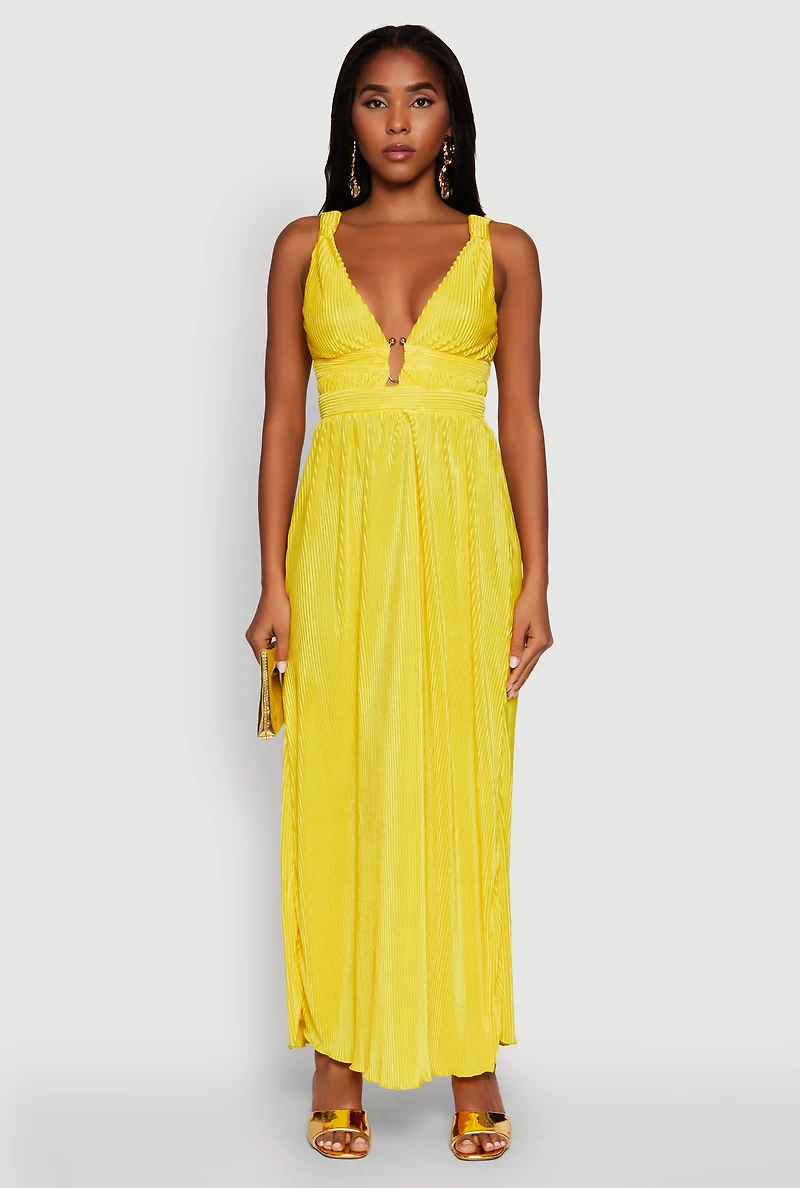 Womens Elegant Sleeveless Plisse Empire Waist Dress, Yellow, Size M