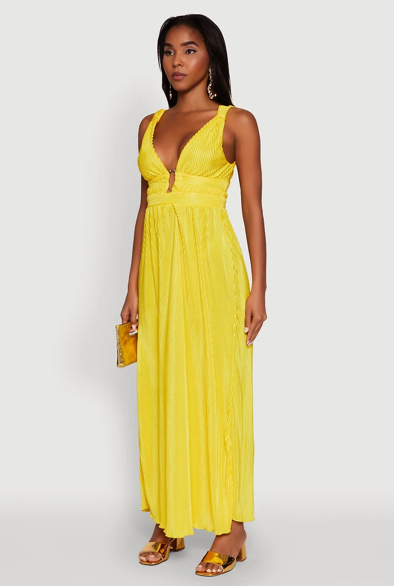 Womens Elegant Sleeveless Plisse Empire Waist Dress, Yellow, Size M