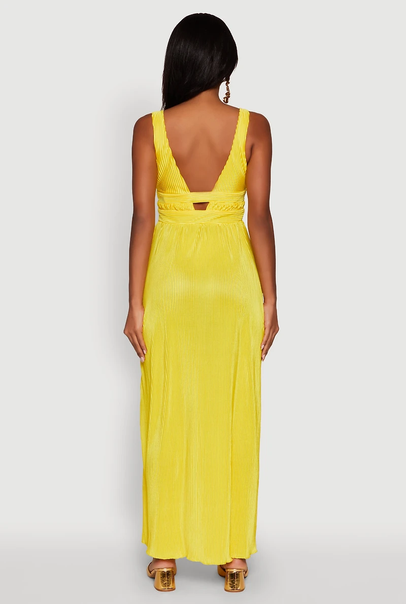 Womens Elegant Sleeveless Plisse Empire Waist Dress, Yellow, Size M