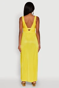 Womens Elegant Sleeveless Plisse Empire Waist Dress, Yellow, Size M