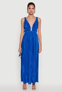 Womens Elegant Sleeveless Plisse Empire Waist Dress, Blue, Size M