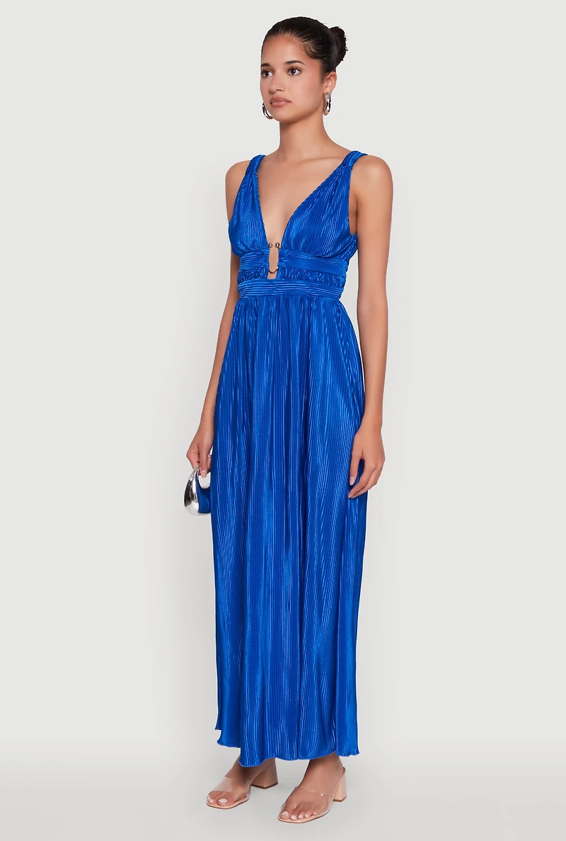 Womens Elegant Sleeveless Plisse Empire Waist Dress, Blue, Size M