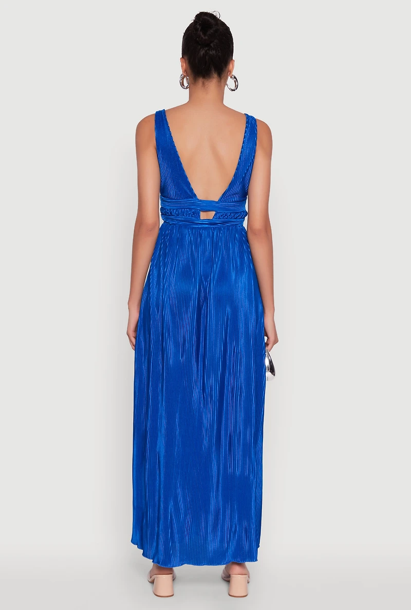 Womens Elegant Sleeveless Plisse Empire Waist Dress, Blue, Size M