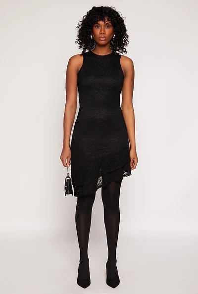 Womens Lace Lined Asymmetrical Dress, Black, Size M