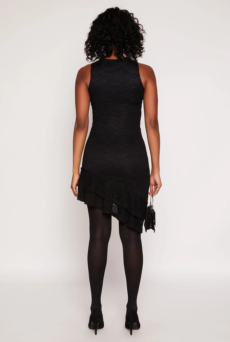 Womens Lace Lined Asymmetrical Dress, Black, Size L