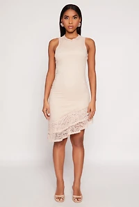 Womens Lace Lined Asymmetrical Dress, Beige, Size M