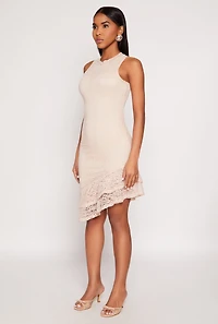 Womens Lace Lined Asymmetrical Dress, Beige, Size M