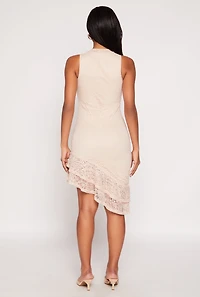 Womens Lace Lined Asymmetrical Dress, Beige, Size M