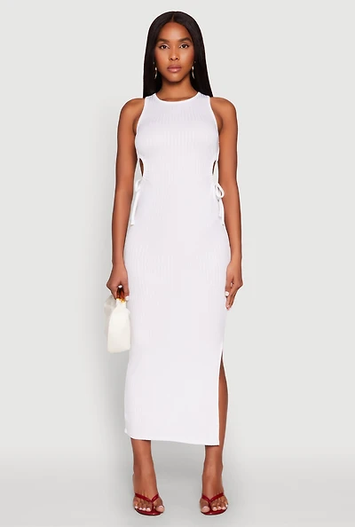 Womens Ribbed Knit Side Cut Out Midi Dress, White, Size L