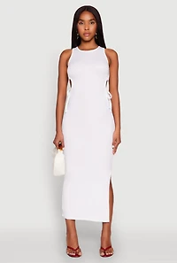 Womens Ribbed Knit Side Cut Out Midi Dress, White, Size L