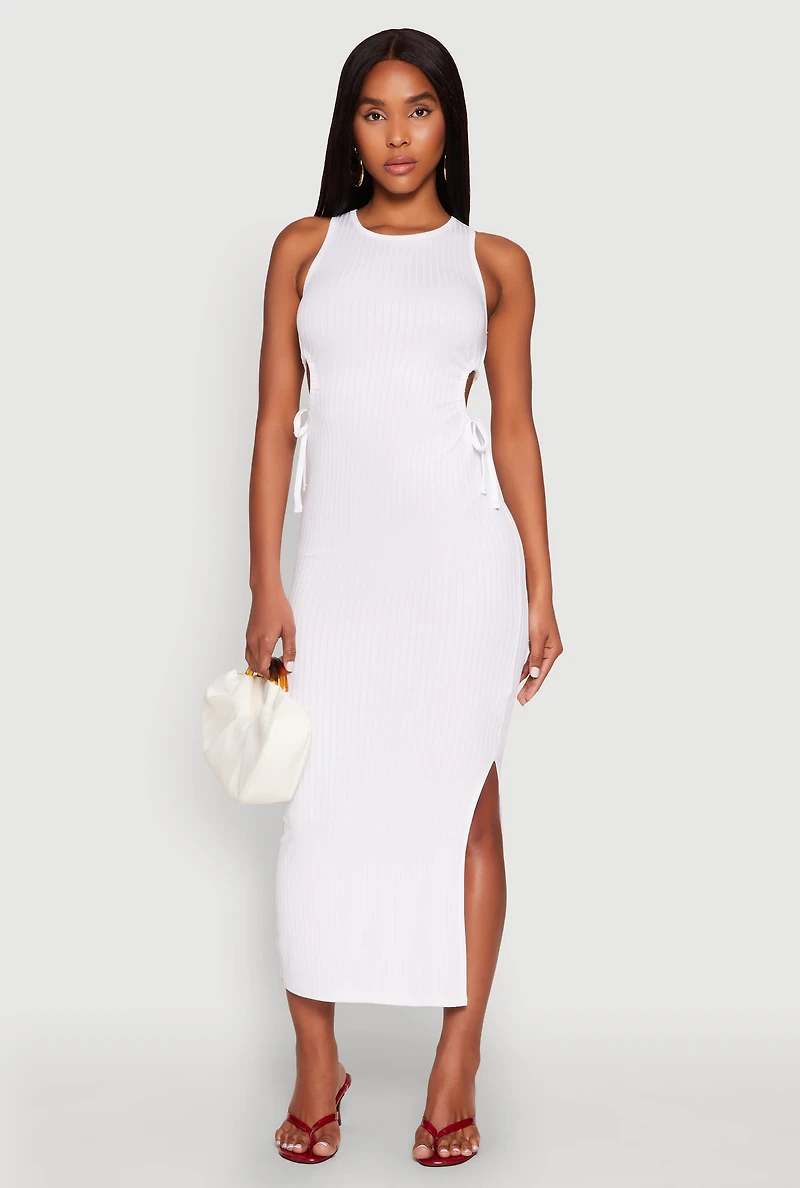 Womens Ribbed Knit Side Cut Out Midi Dress, White, Size L