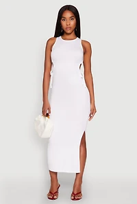 Womens Ribbed Knit Side Cut Out Midi Dress, White, Size L