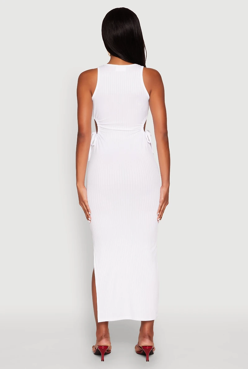 Womens Ribbed Knit Side Cut Out Midi Dress, White, Size M