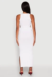Womens Ribbed Knit Side Cut Out Midi Dress, White, Size M