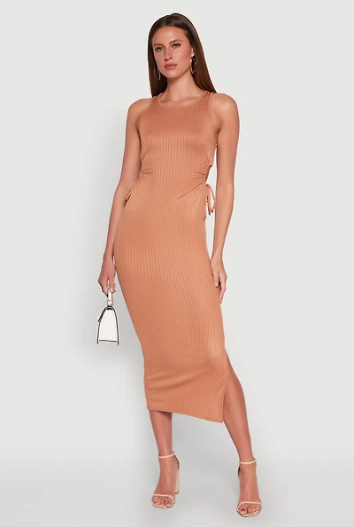 Womens Ribbed Knit Side Cut Out Midi Dress,