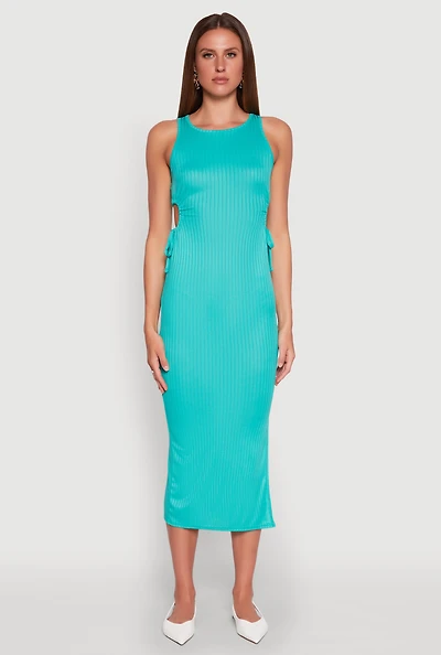 Womens Ribbed Knit Side Cut Out Midi Dress,