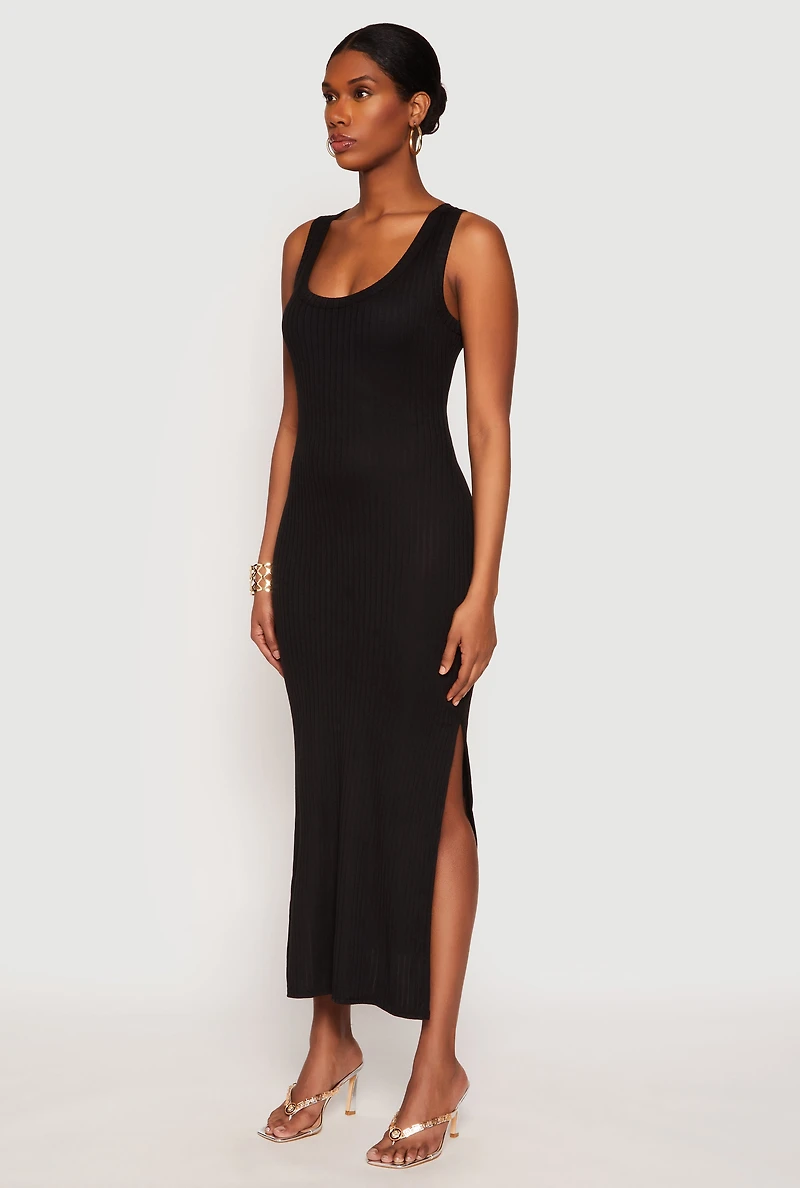 Ribbed Knit Side Slit Tank Dress