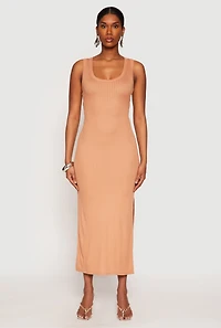 Womens Ribbed Knit Side Slit Tank Dress, Brown, Size M