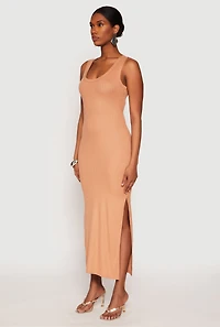 Womens Ribbed Knit Side Slit Tank Dress, Brown, Size M