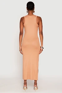 Womens Ribbed Knit Side Slit Tank Dress, Brown, Size M
