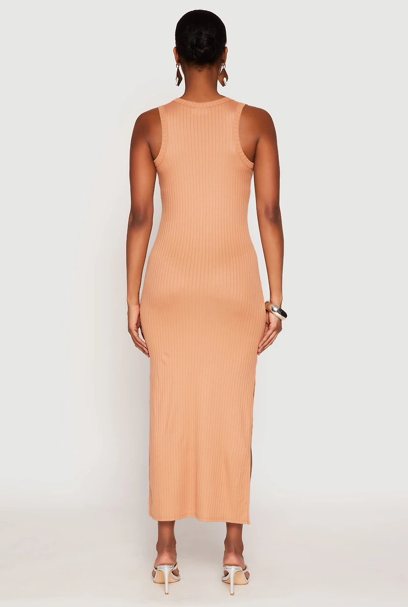 Womens Ribbed Knit Side Slit Tank Dress, M