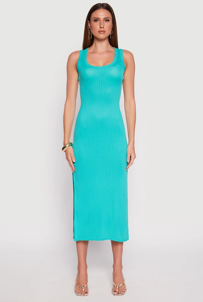 Womens Ribbed Knit Side Slit Tank Dress, Blue, Size L