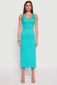 Womens Ribbed Knit Side Slit Tank Dress, Blue, Size L