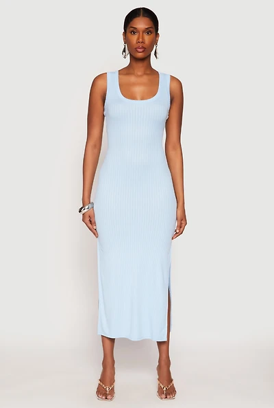 Womens Ribbed Knit Side Slit Tank Dress, Blue, Size L