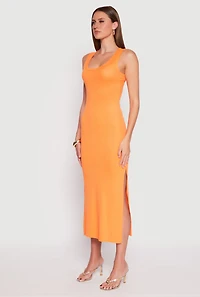 Womens Ribbed Knit Side Slit Tank Dress, Orange, Size L