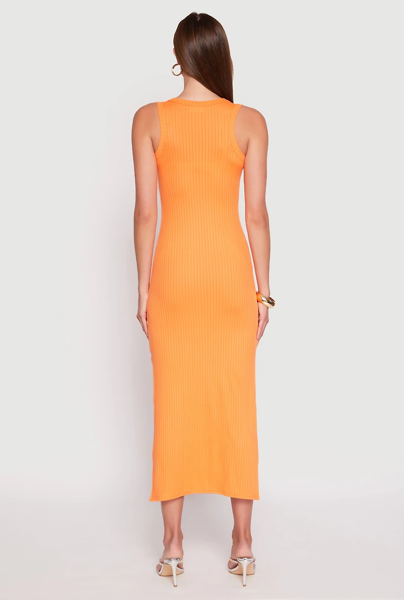 Womens Ribbed Knit Side Slit Tank Dress, Orange, Size L