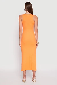 Womens Ribbed Knit Side Slit Tank Dress, Orange, Size L