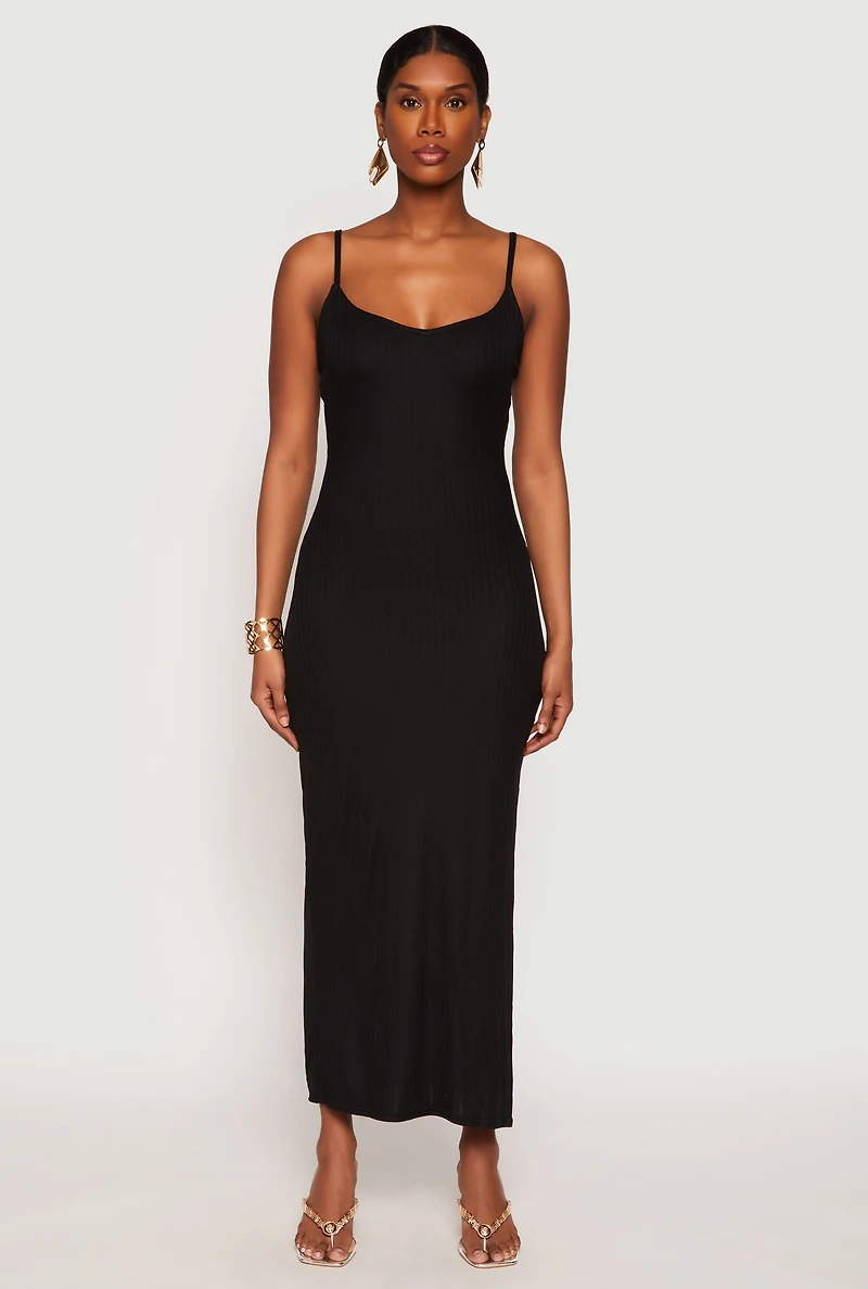 Womens Ribbed Knit Side Slit Maxi Dress,