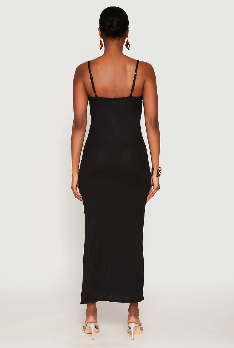 Womens Ribbed Knit Side Slit Maxi Dress,