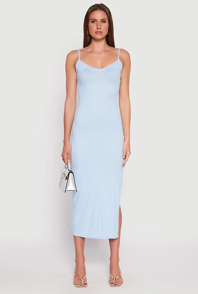 Womens Ribbed Knit Side Slit Maxi Dress,