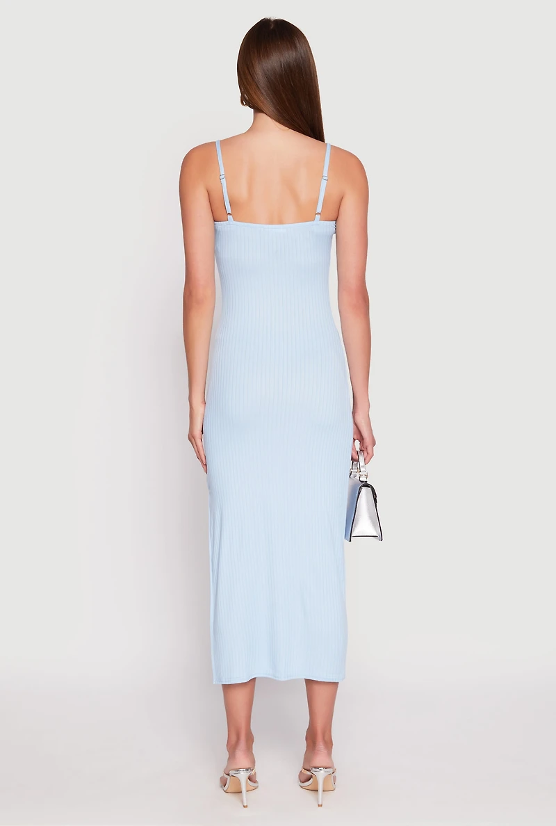 Womens Ribbed Knit Side Slit Maxi Dress, Blue, Size M