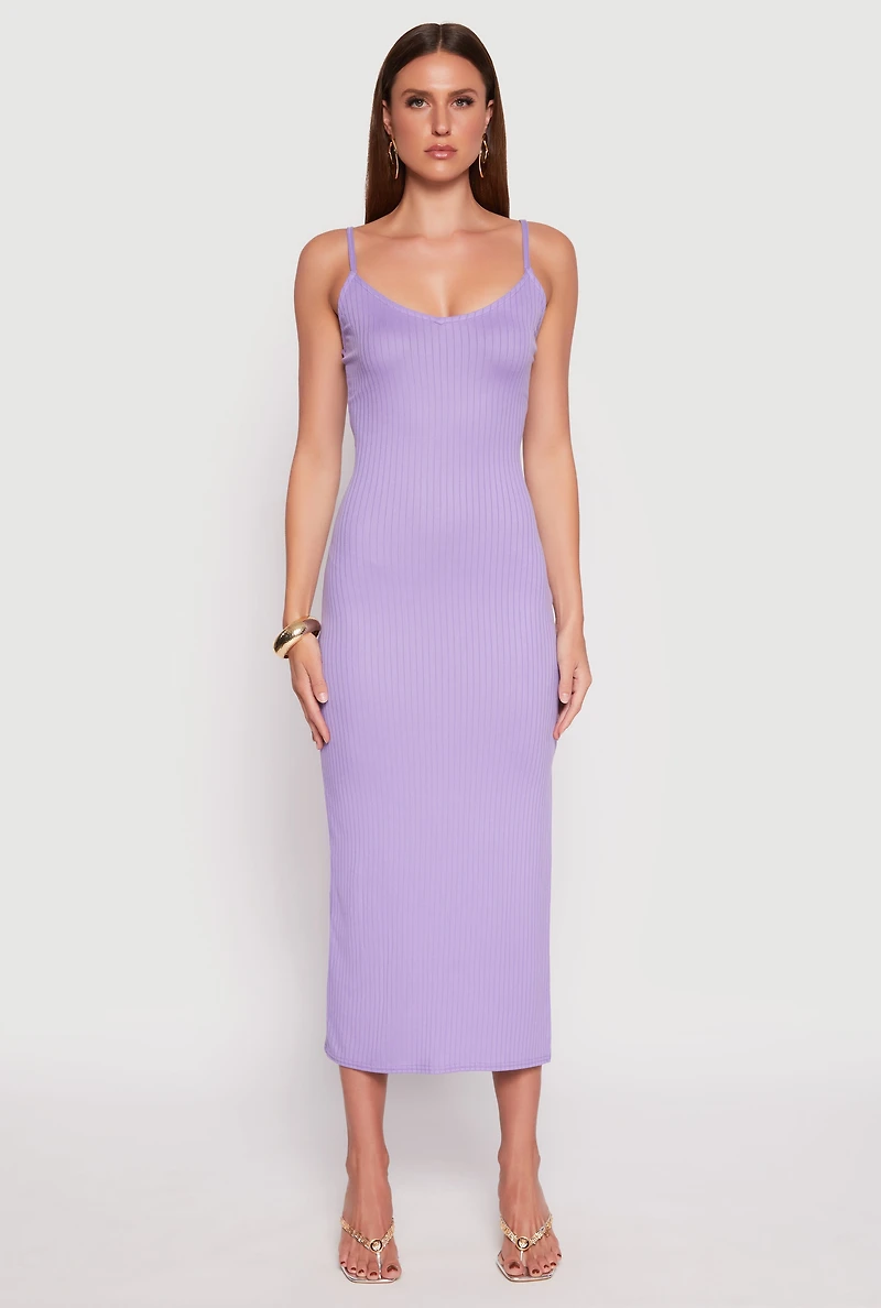 Womens Ribbed Knit Side Slit Maxi Dress, Purple, Size L